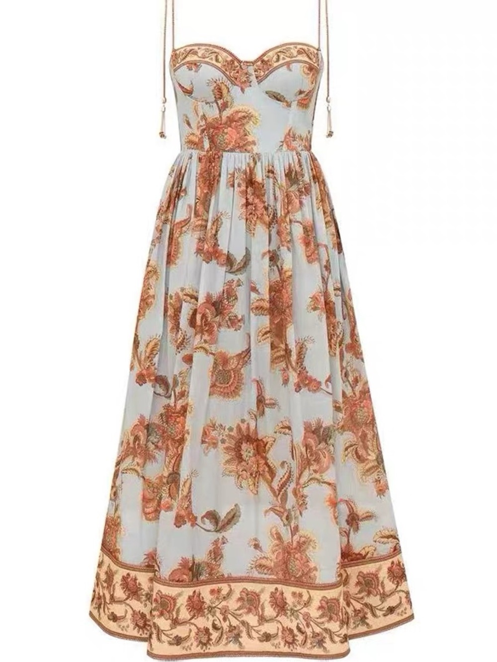 Designer-style Floral Strap Sundress in Light Blue and Rust
